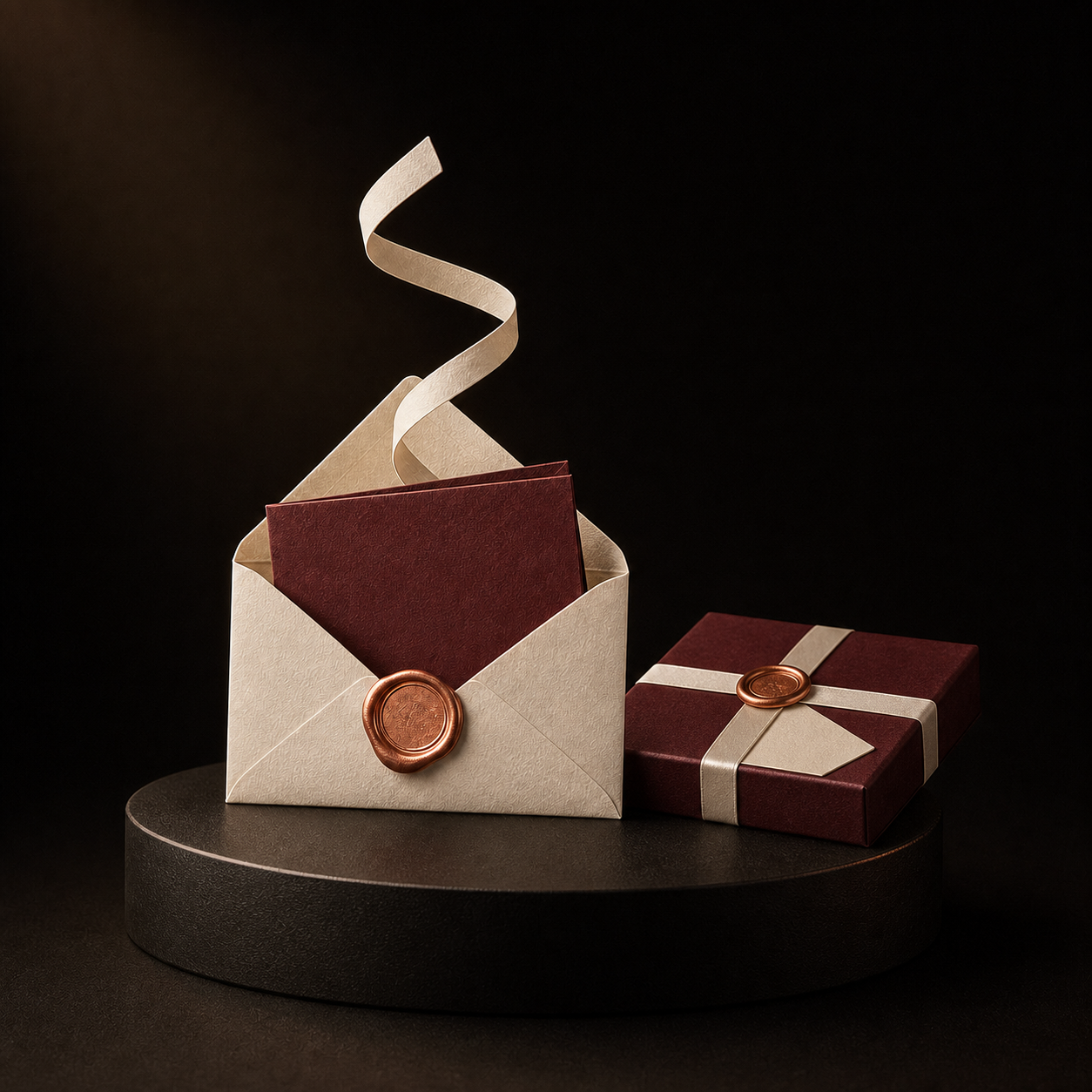 An ivory envelope and an oxblood gift box prepared with copper seals