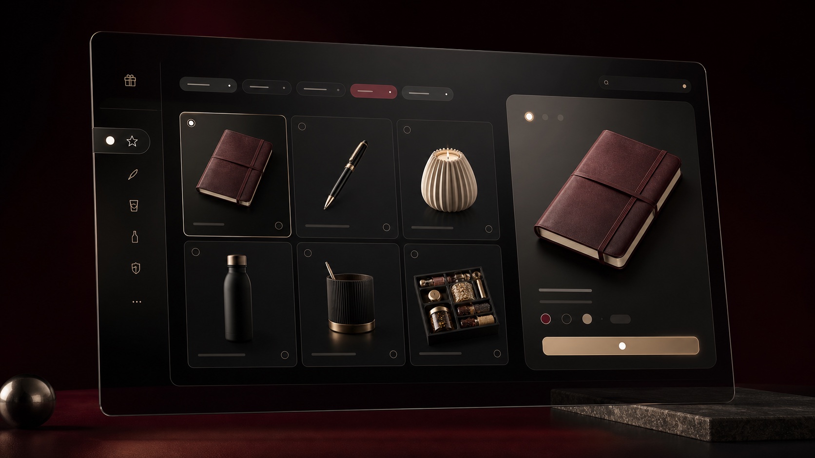 A premium digital gift catalogue with product categories, filters, a product grid, and a selected gift preview