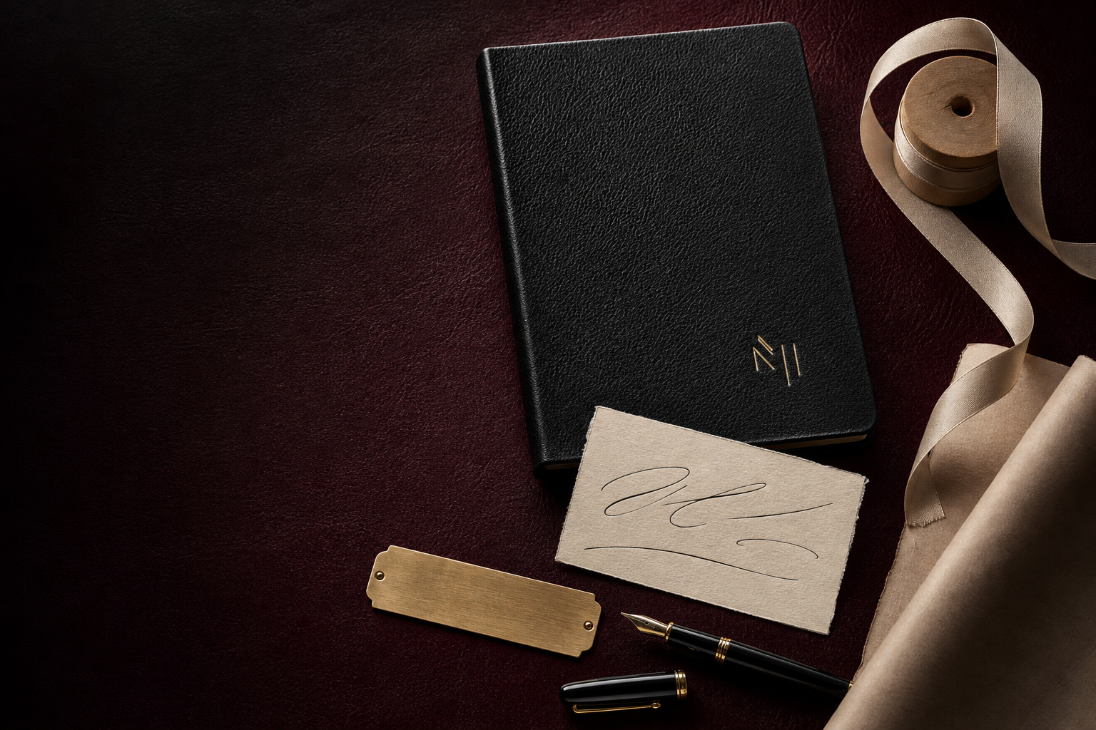 A monogrammed journal, handwritten note, brass name plaque, ribbon, and fountain pen