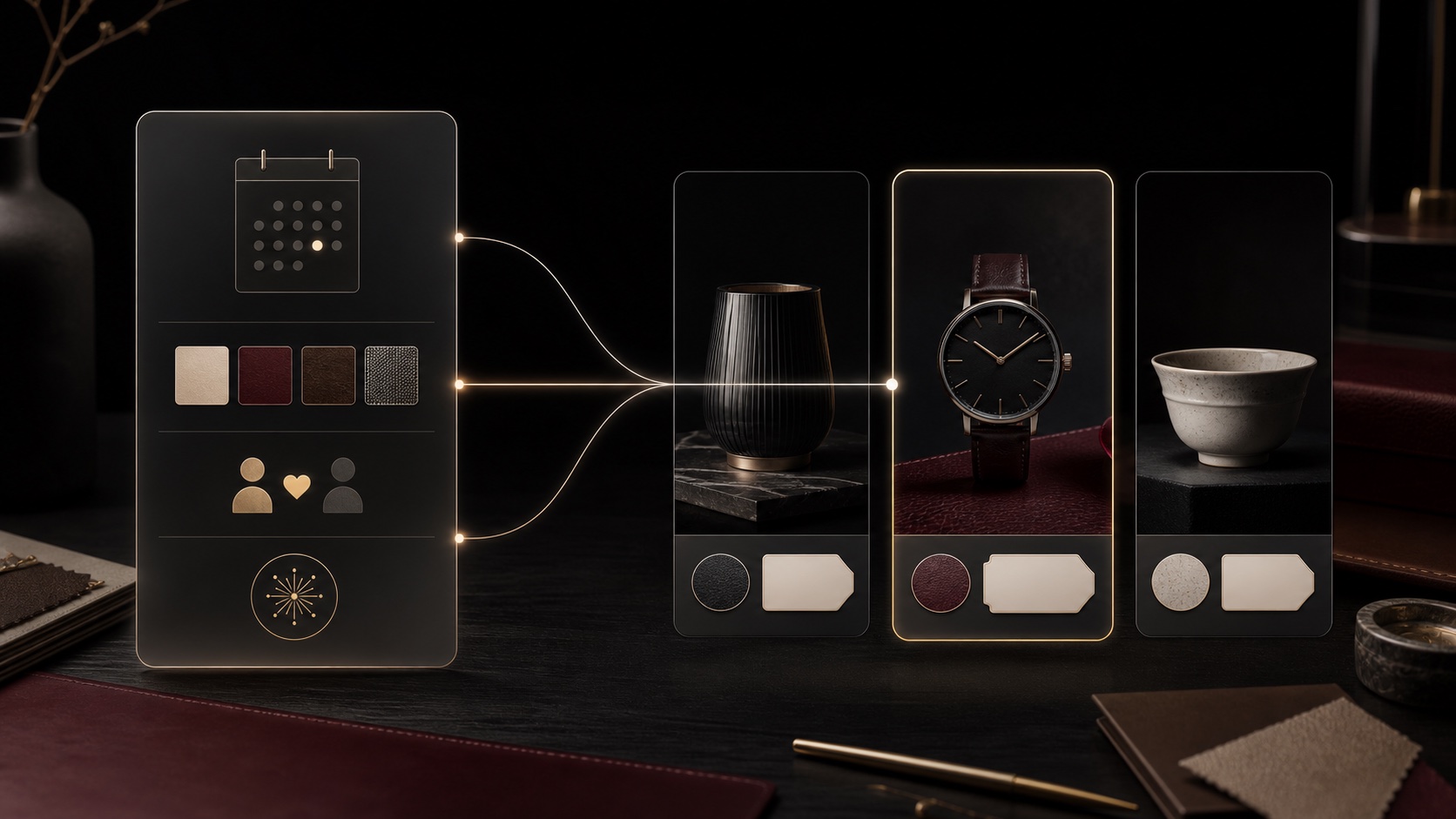 A recipient brief flowing into three considered gift recommendations with one option selected