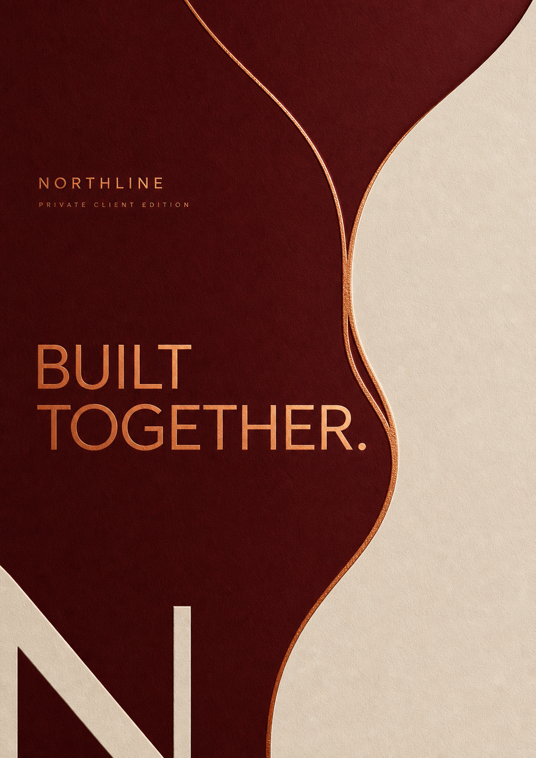 Northline client-edition artwork with two copper routes converging above the line Built together