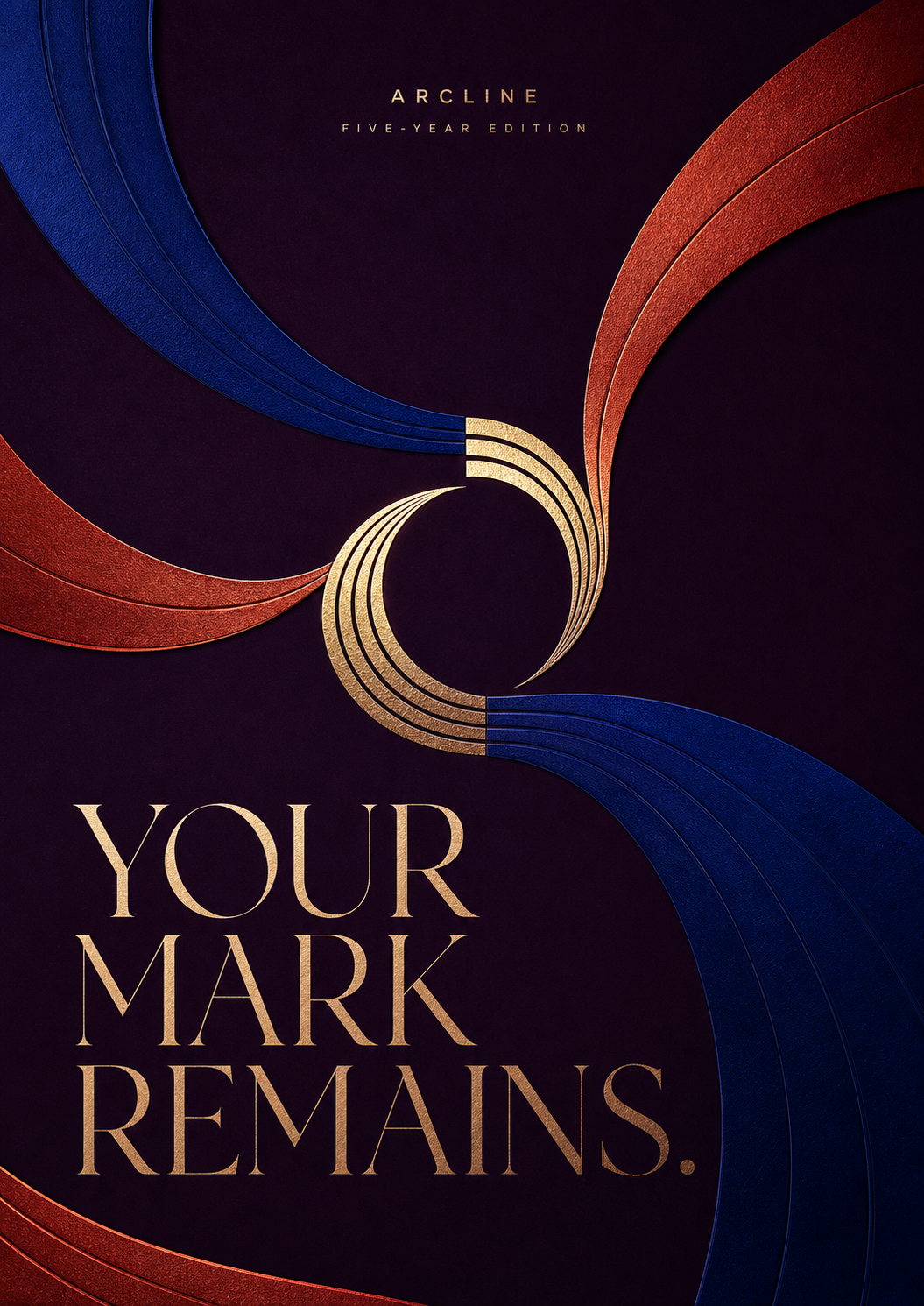 Arcline five-year recognition artwork with five dimensional arcs forming a lasting central mark
